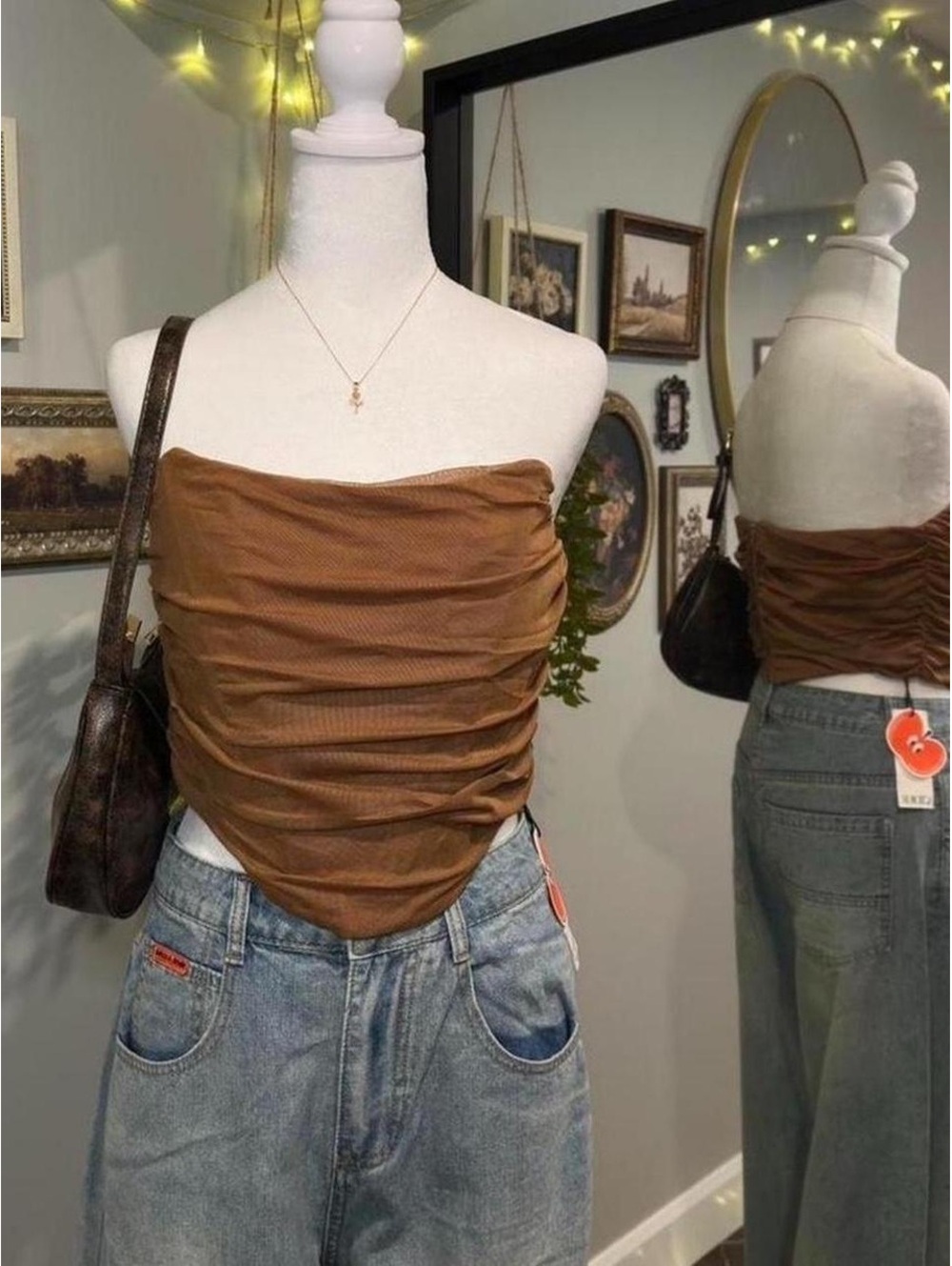 Cider Brown Ruched Tube Crop Top